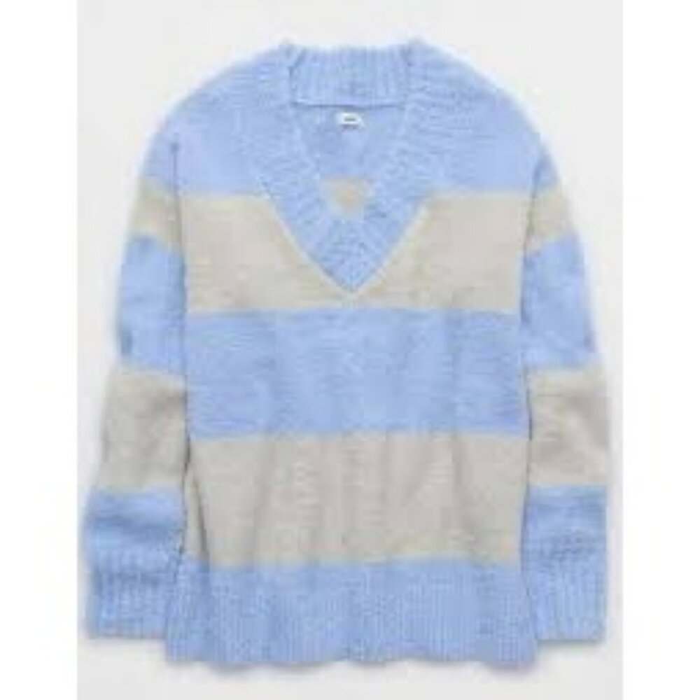 Aerie Womens Blue & Gray Striped V-Neck Sweater Soft & Cozy Knit Size M